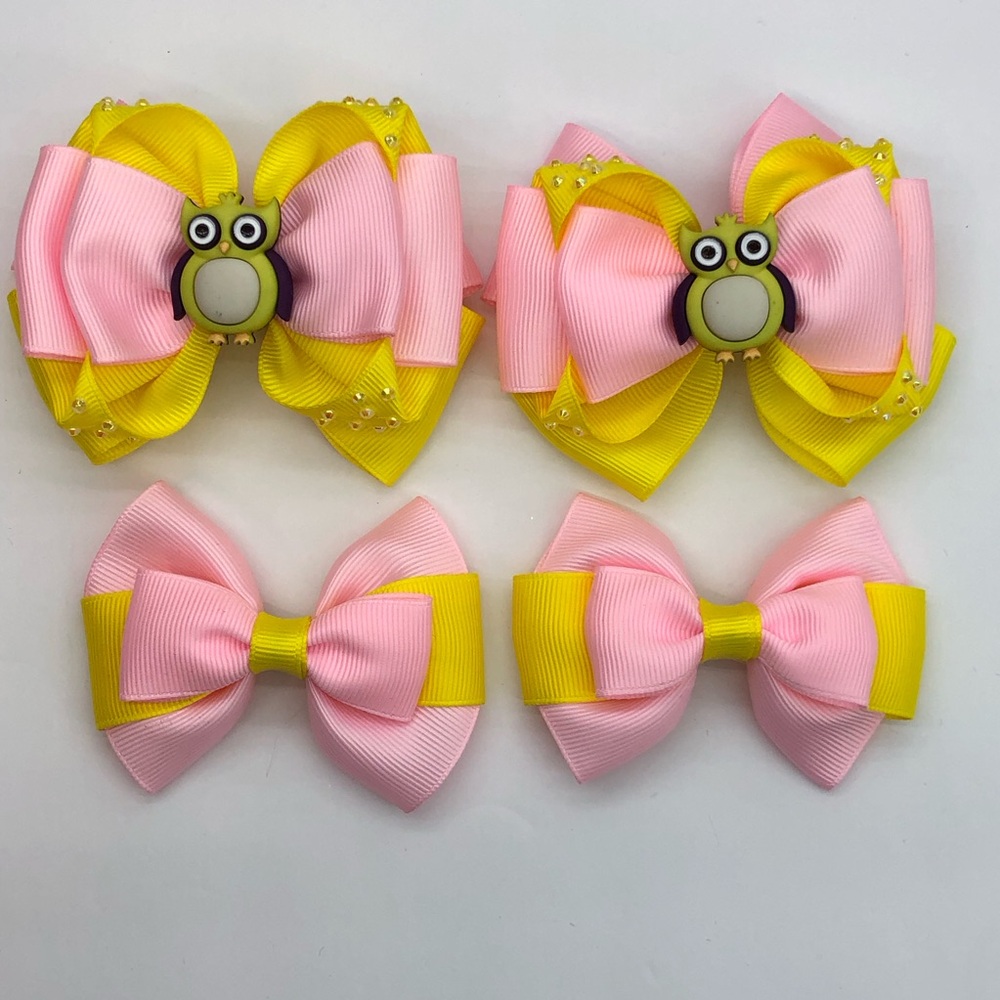 Pink and Yellow Kids Hair Bows with Owl Accent set of four